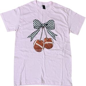 Gildan Light Pink Graphic Tee with Checkerboard Bow and Football Cherries